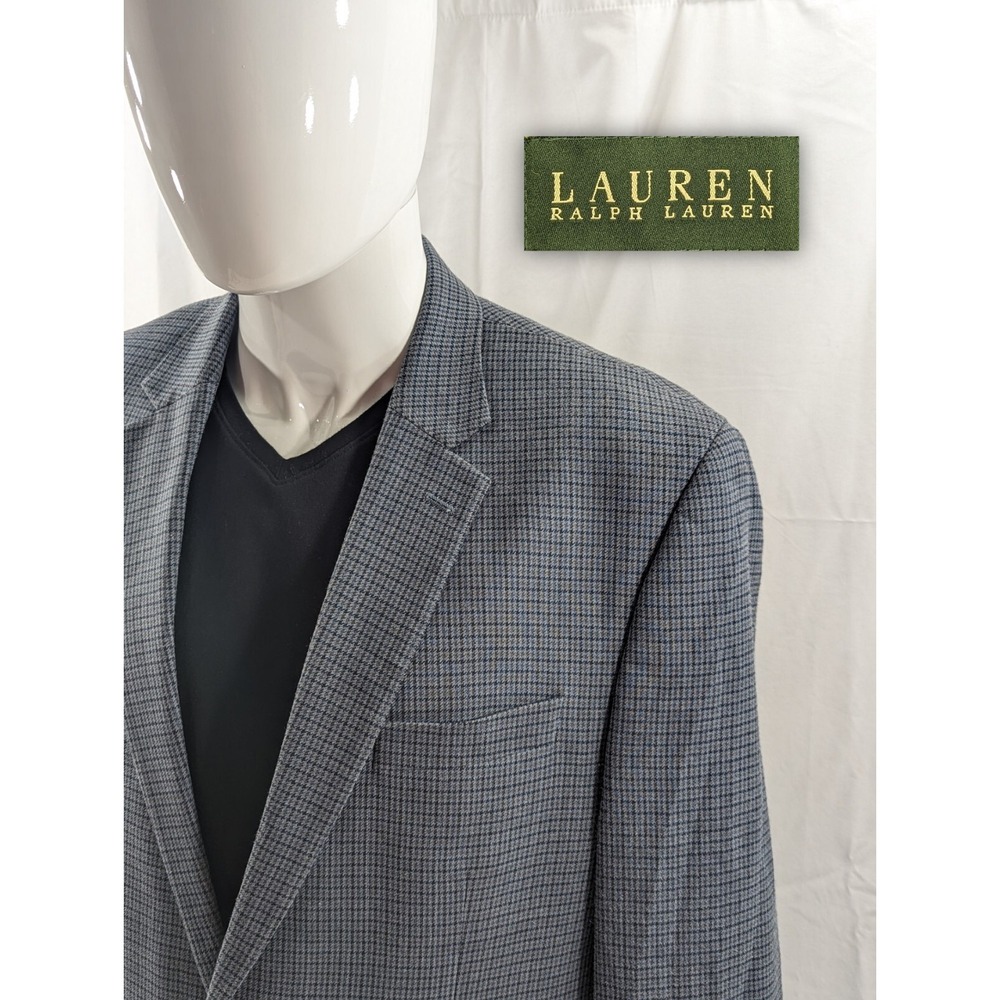 Ralph Lauren Blazer Sport Suit Jacket Coat Silk Wool‎ Pale Blue Houndstooth 44R